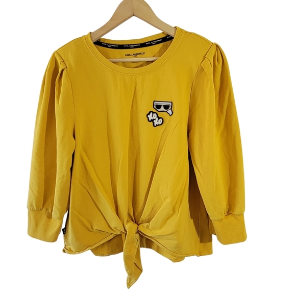 KARL LAGERFELD Paris Emoji Patch Tie Top Sz L Yellow Banded Sleeve Minimalist - Picture 2 of 12